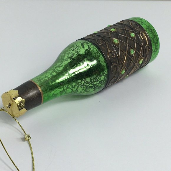 Wine Bottle Christmas Holiday Glass Ornament With Stones Green Ornate 6" Hanging - Picture 6 of 12